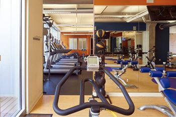 A gym with treadmills and exercise equipment.