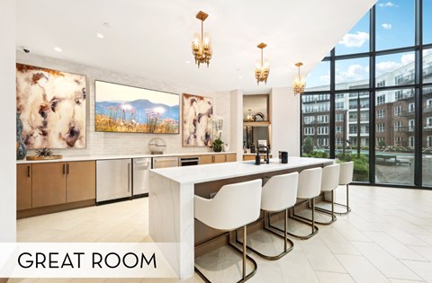Luxury resident community kitchen in the great room resident lounge at Xenia Apartments in Golden Valley Minnesota