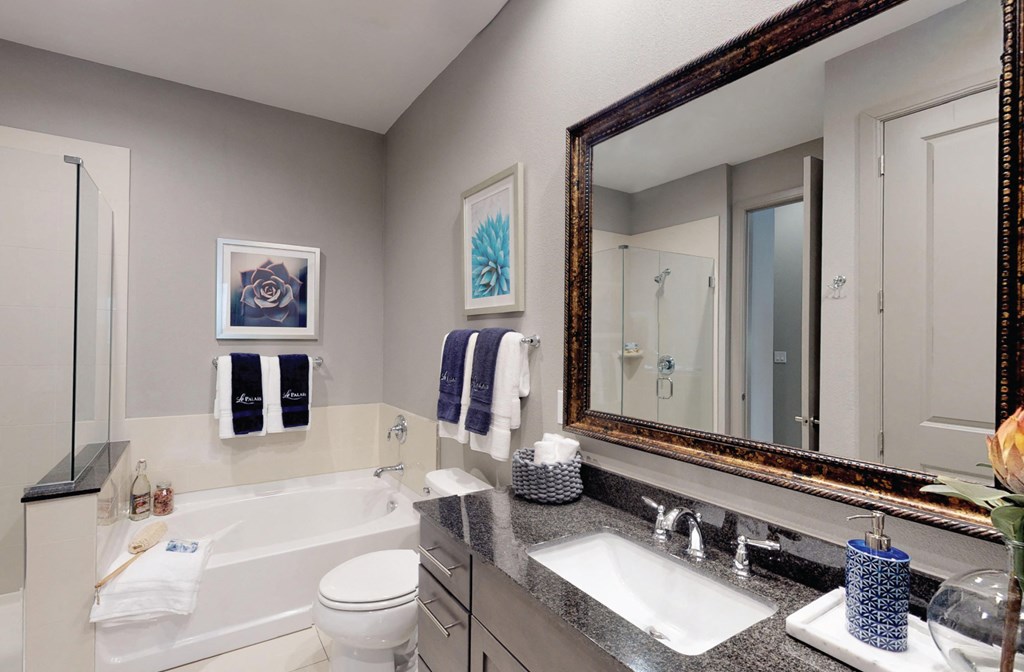 Luxury bath suite with double sink granite slab vanity top, frameless glass walk-in shower with separate soaking tub at Le Palais Apartments in Houston.