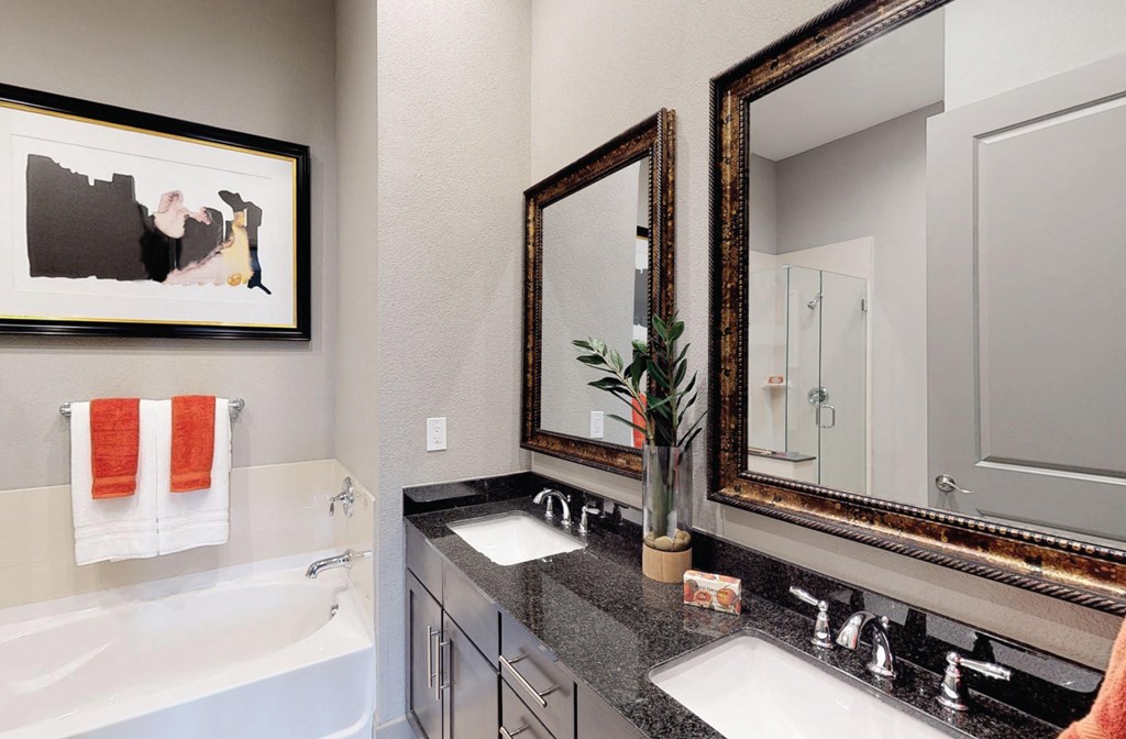 Luxury bath suite with double sink granite slab vanity top, frameless glass walk-in shower with separate soaking tub at Le Palais Apartments in Houston.
