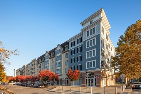 A street view of a tall building with a parking lot in front of it.