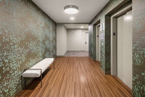 A long hallway with a bench and doors on the right.