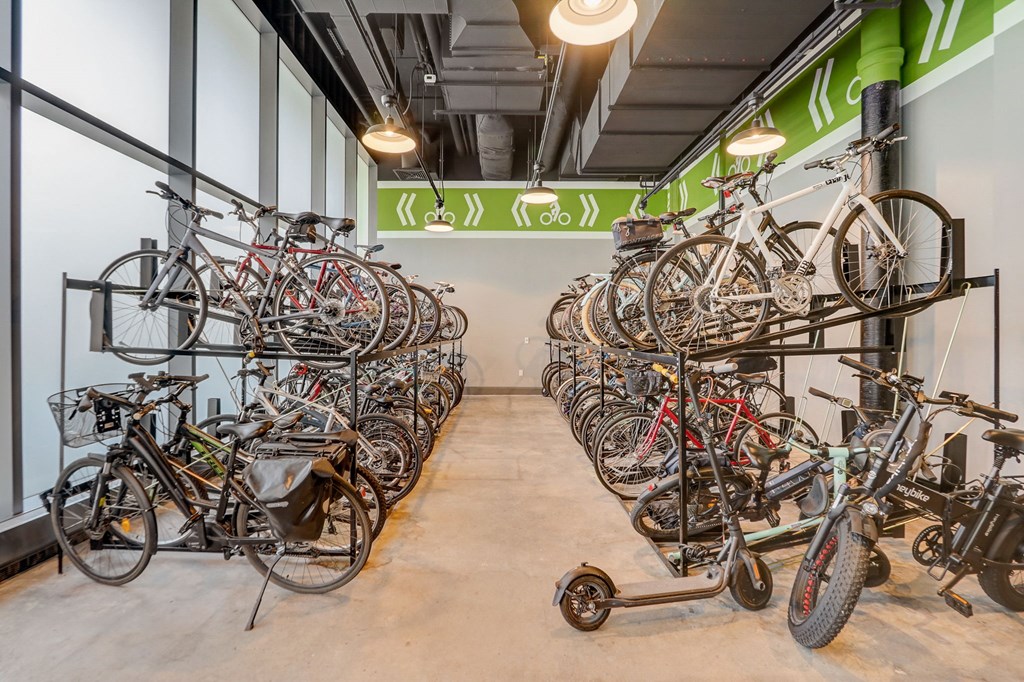 Room filled with lots of bikes at The Apartments at Lincoln Common, Chicago, IL
