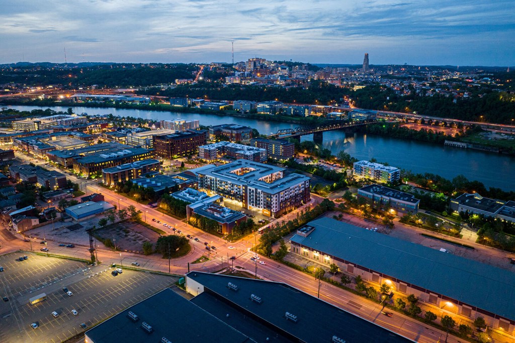 an aerial view of the city at night