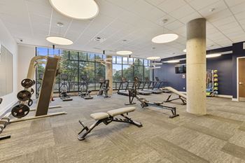 a gym with weights and exercise equipment in a building with large windows