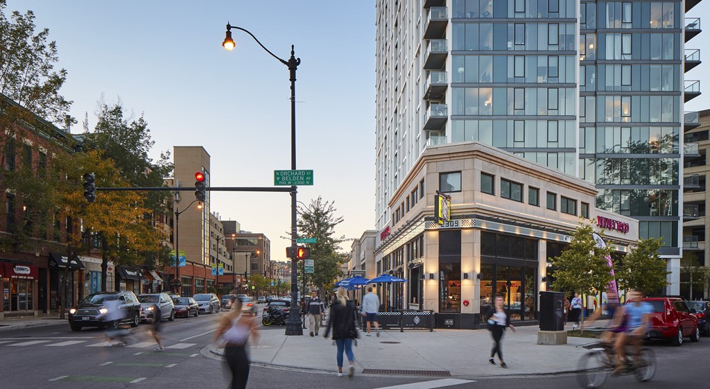 View from Lincoln Avenue at The Apartments at Lincoln Common, Chicago, 60614