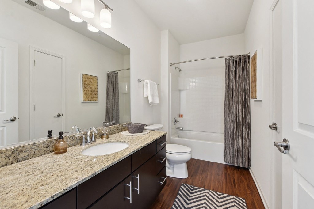 a bathroom with a large mirror and a sink and a toilet