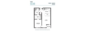 a floor plan of a studio apartment with a bedroom and baths