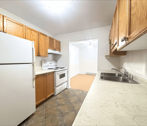 A kitchen with a white refrigerator, wooden cabinets, and a marble countertop.