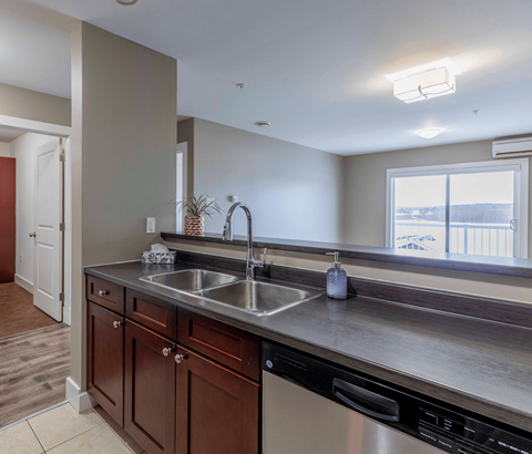 A kitchen with a stainless steel sink and brown cabinets.