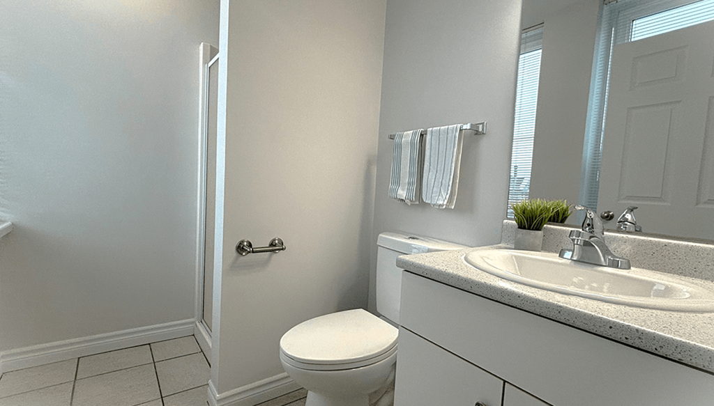 A white toilet sits next to a sink in a bathroom.