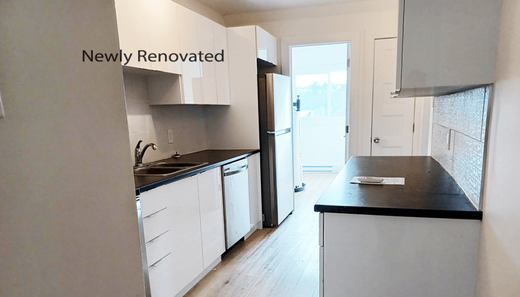 A kitchen with white cabinets and black countertops is newly renovated.