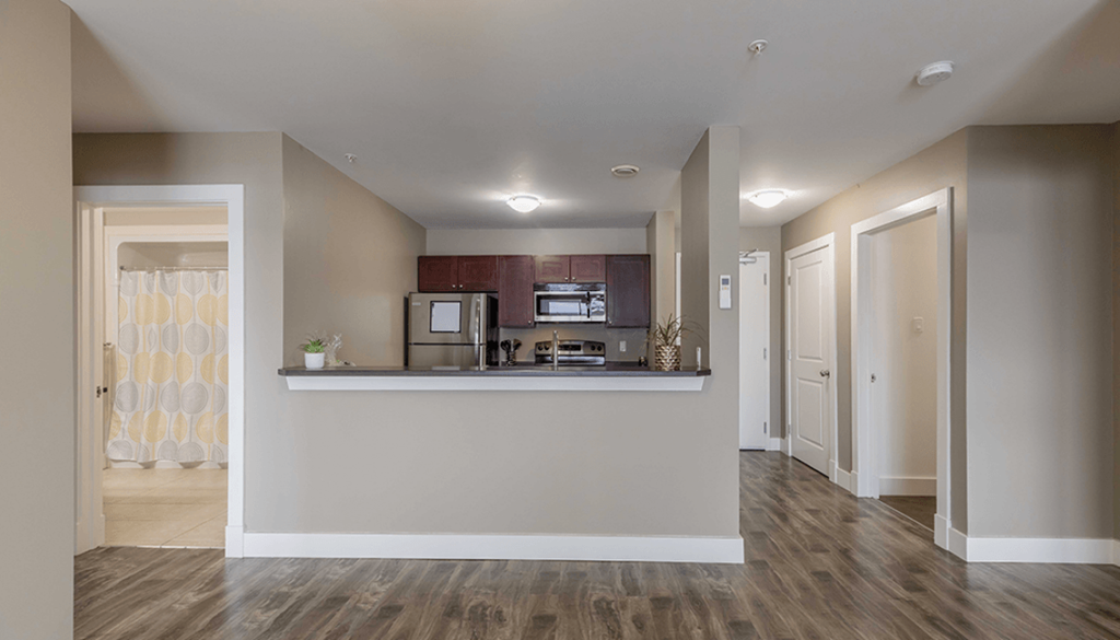 A kitchen area with a counter and cabinets.