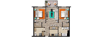 A top-down view of a floor plan showing a kitchen, living room, and bathroom.