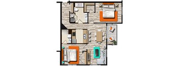 A top-down view of a living room, kitchen, and bedroom layout.
