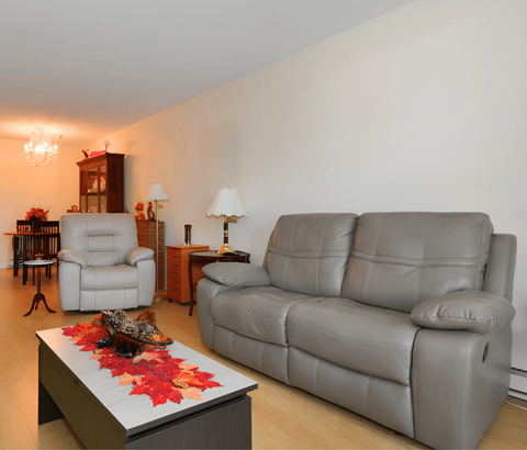 A grey sofa sits in a living room with a coffee table in front of it.