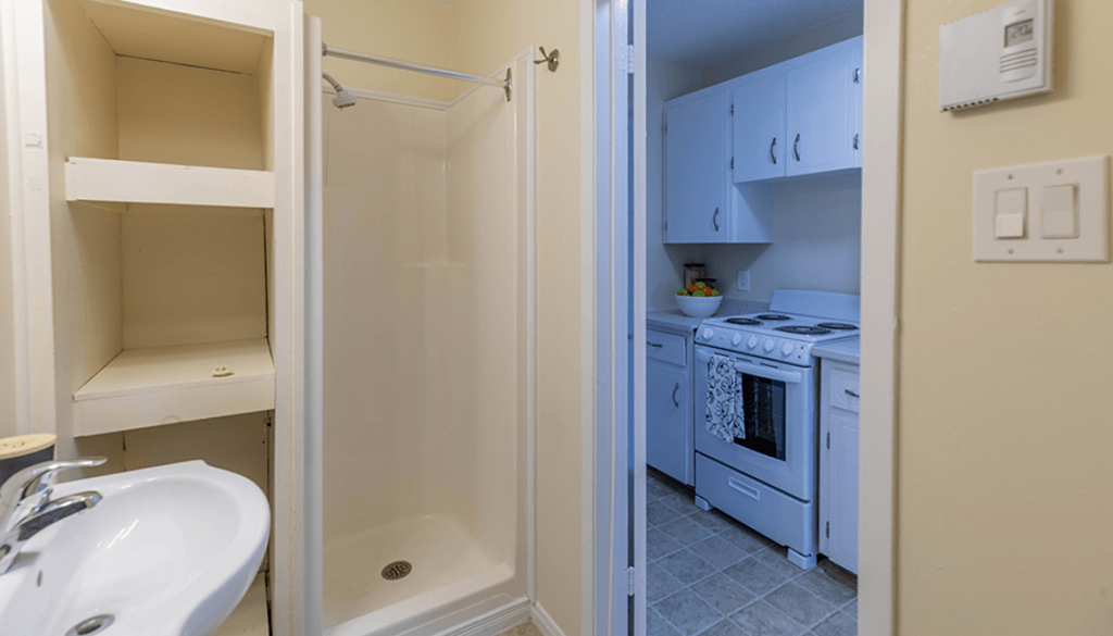 A bathroom with a sink, a shower, and a kitchen area.