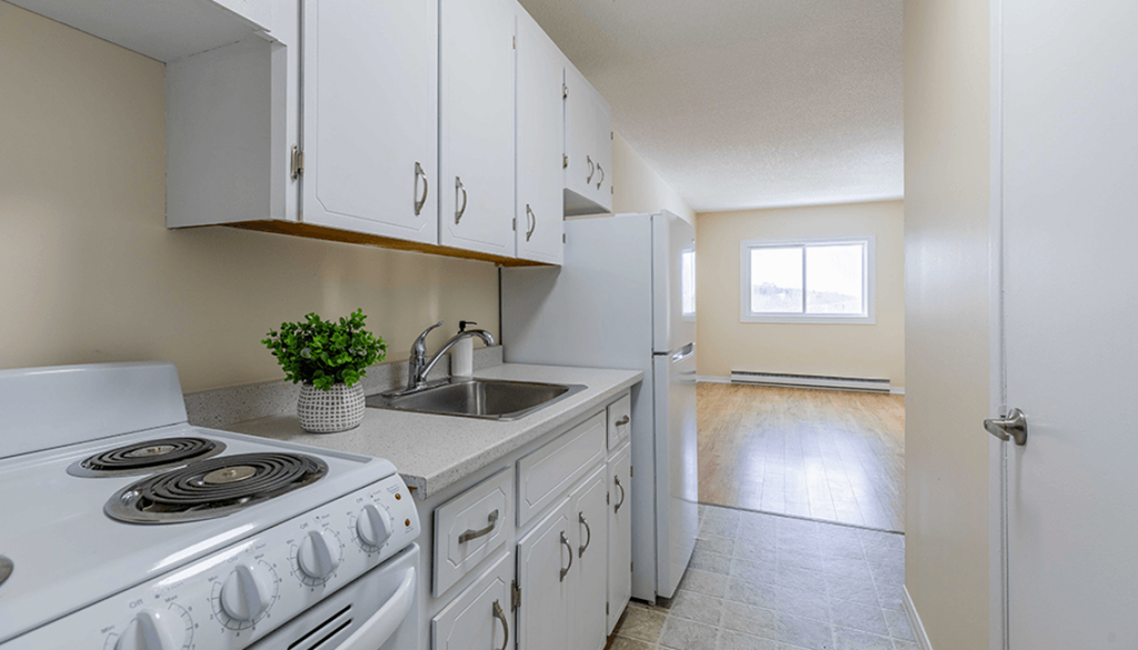A kitchen with white appliances and cabinets.