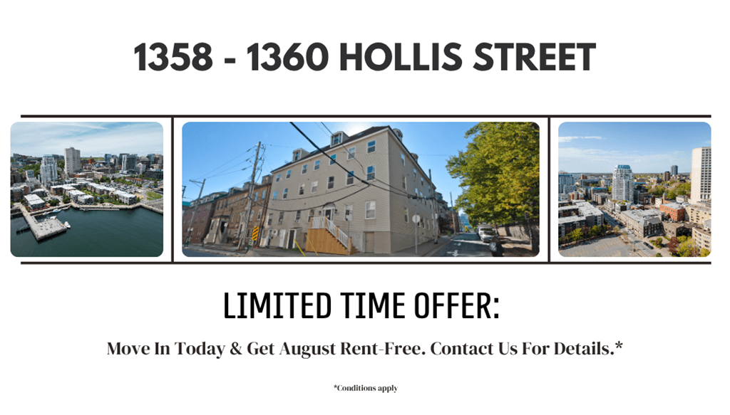 A flyer advertises a limited time offer to move in and get August rent-free at 1358 - 1360 Hollis Street.