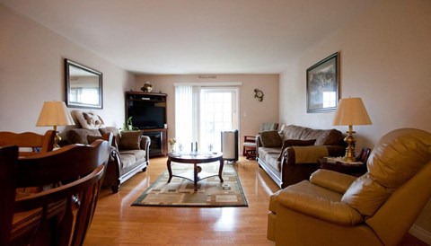 A living room with a brown couch and a coffee table.