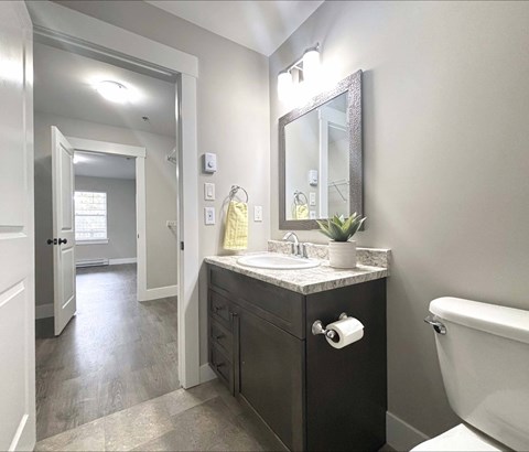 A bathroom with a sink, mirror, and toilet.