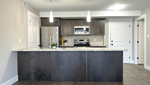 A modern kitchen with a dark countertop and stainless steel appliances.