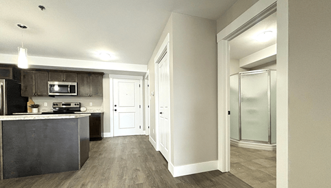 A kitchen with a dark countertop and a white door.