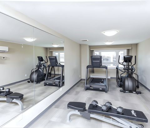 A mirrored wall in a gym with a row of exercise equipment.