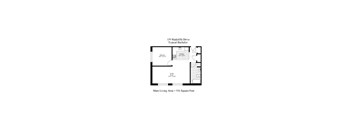 A floor plan of a typical bachelor apartment with a living room, bedroom, and bathroom.
