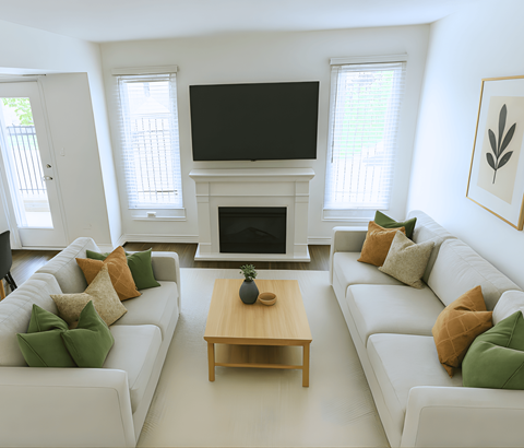 A living room with a white couch and a wooden coffee table.