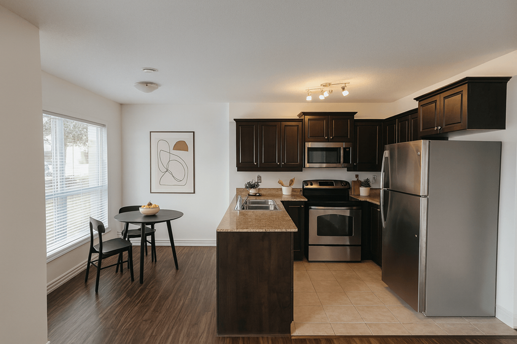 A kitchen with a refrigerator, oven, and table.