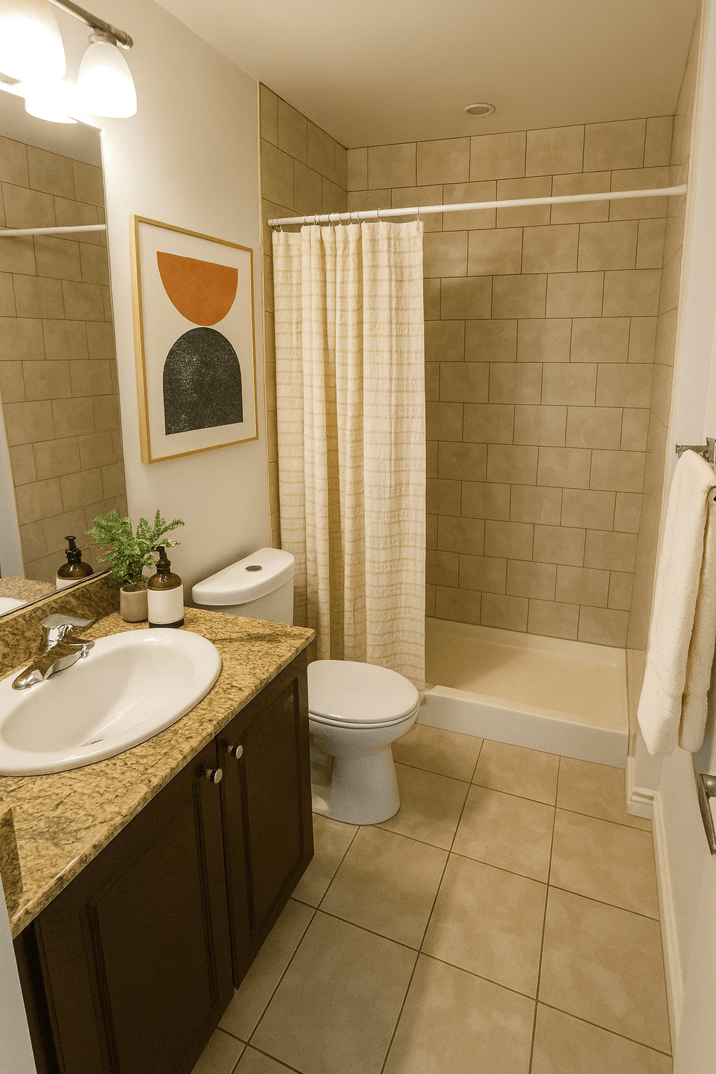 A bathroom with a toilet, sink, and shower.