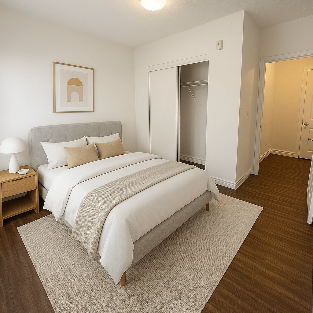 A bedroom with a large bed and a wooden floor.