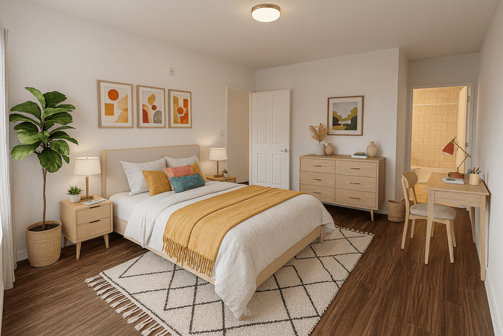 A bedroom with a bed, nightstand, and chair.