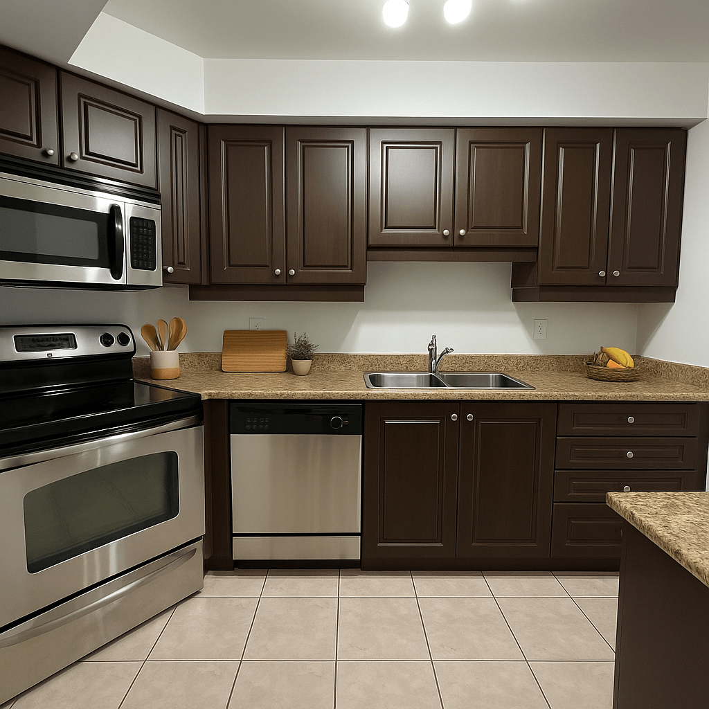 A kitchen with brown cabinets and stainless steel appliances.