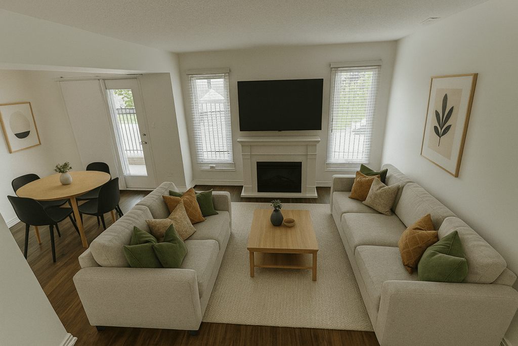 A living room with a grey couch and a fireplace.