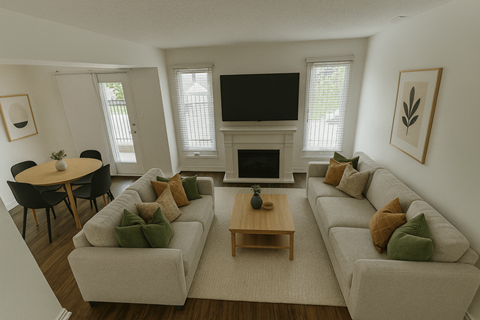 A living room with a grey couch and a fireplace.