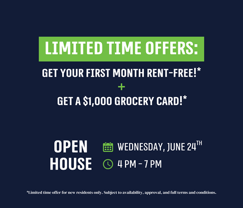 An advertisement for limited time offers including a free first month rent and a $1,000 grocery card.
