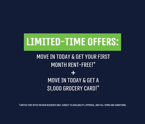 A promotional image offering a free first month rent and a $1,000 grocery card for new residents.