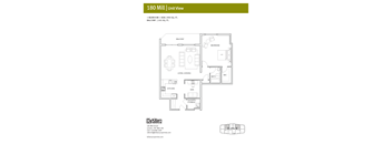 A floor plan for a 180 Mill apartment showing a bedroom, living room, dining room, kitchen, bathroom, and balcony.