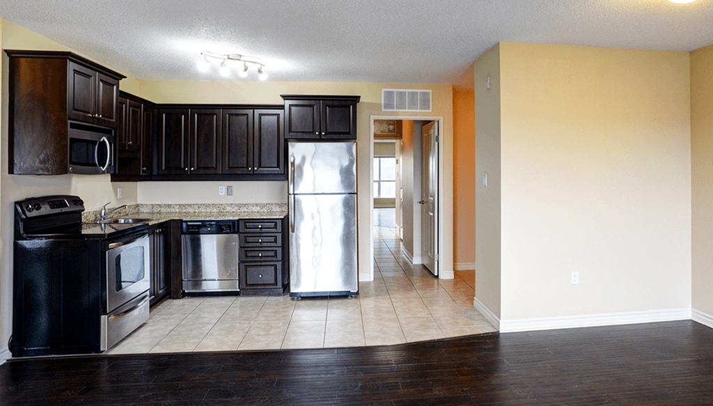 an empty kitchen with black cabinets and stainless steel appliances