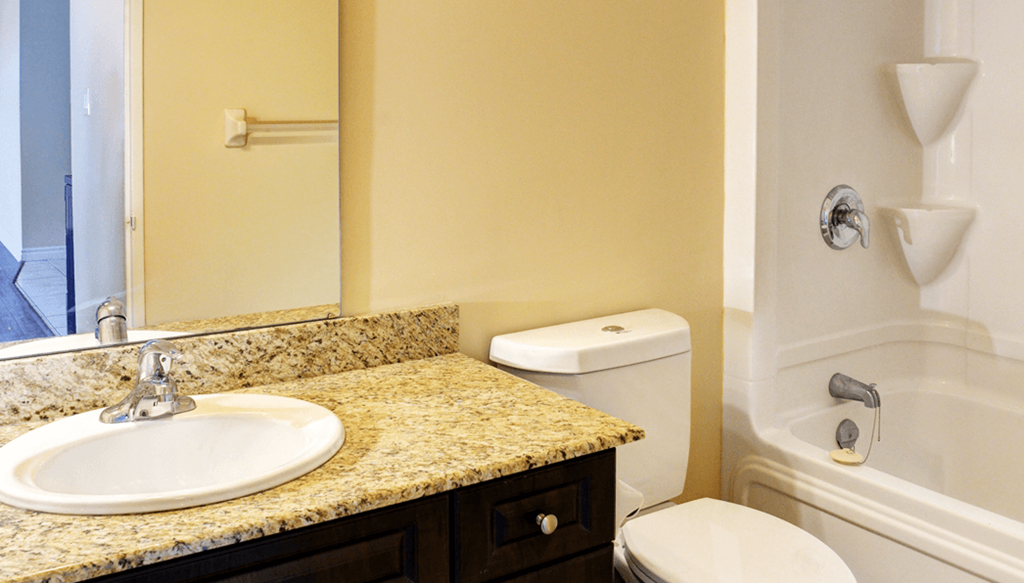 a bathroom with a sink toilet and shower and a mirror