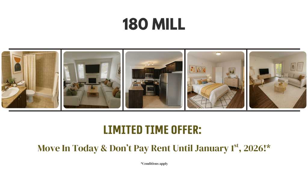 A series of images showcasing different rooms in a property with the text "180 MILL" and "LIMITED TIME OFFER: Move In Today & Don't Pay Rent Until January 1st, 2