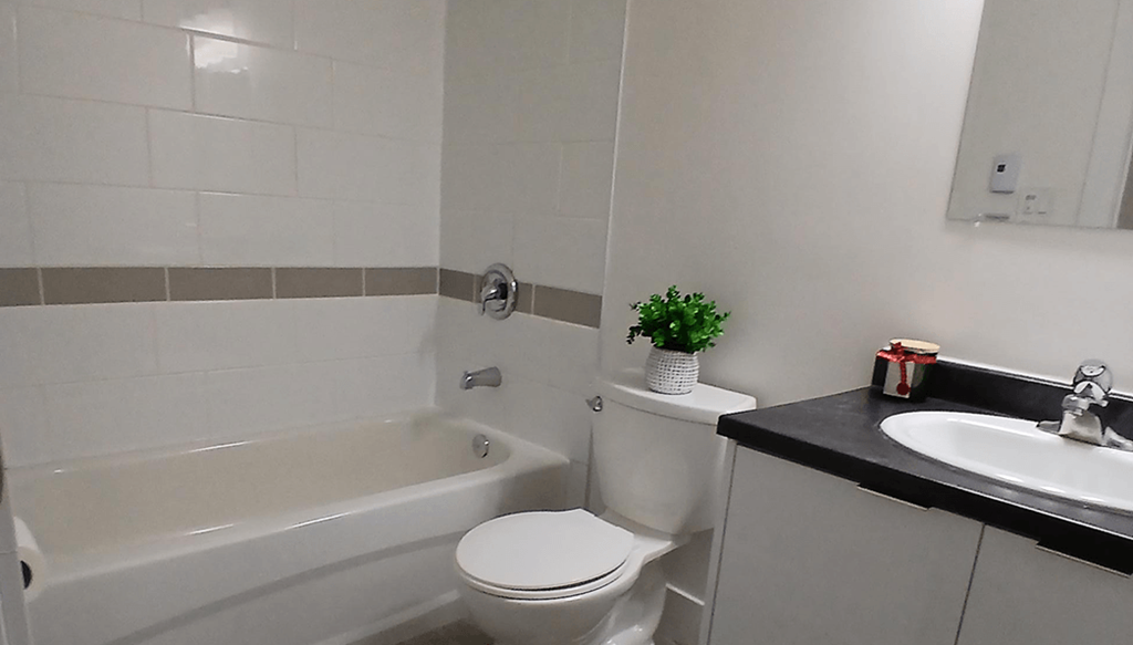A white toilet sits next to a bathtub in a bathroom.