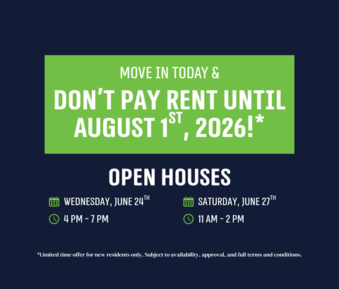A promotional image offering a rent-free period until August 1st, 2026, with open houses on June 24th and June 27th.