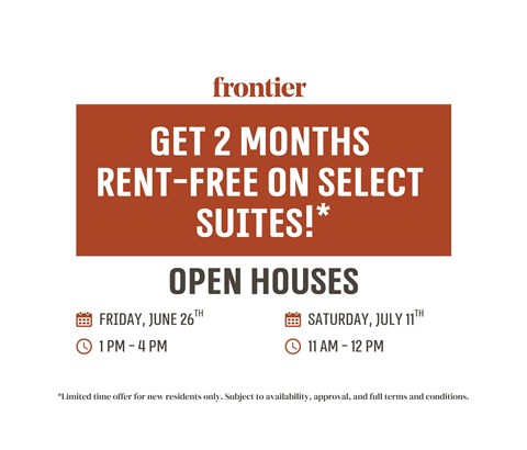 An advertisement for Frontier offering 2 months rent-free on select suites.