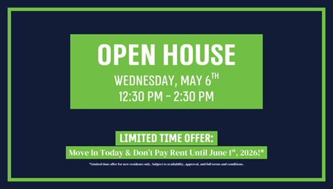 The image is an advertisement for an open house event on Wednesday, May 6th from 12:30 PM to 2:30 PM.