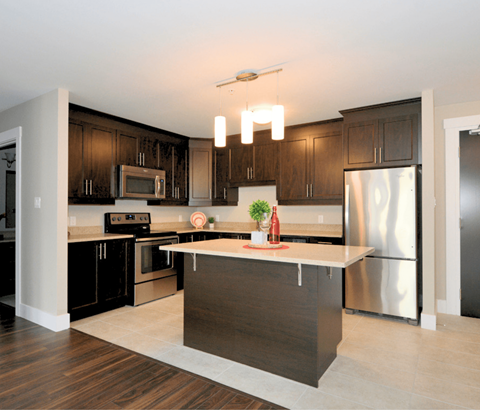 A modern kitchen with dark wood cabinets and stainless steel appliances.