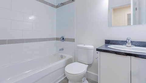 A white toilet sits next to a bathtub in a bathroom.