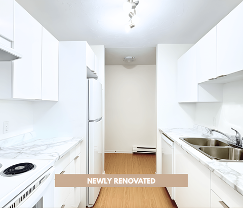 A newly renovated kitchen with white cabinets and a stove top oven.